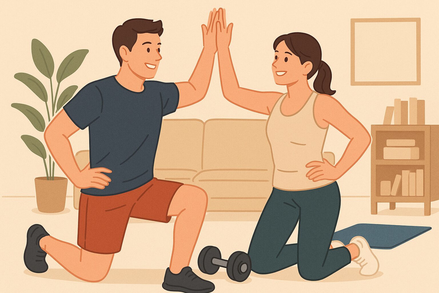 トレーニング後にハイタッチする夫婦のイラスト