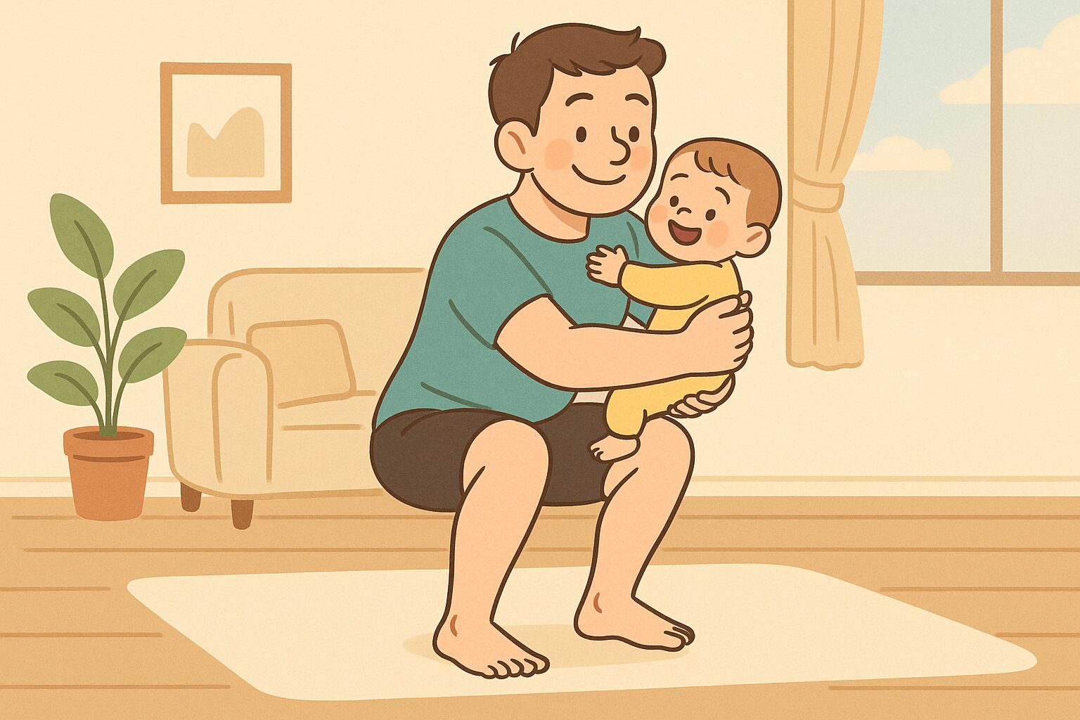 子どもを抱っこしながらスクワットをするお父さんのイラスト