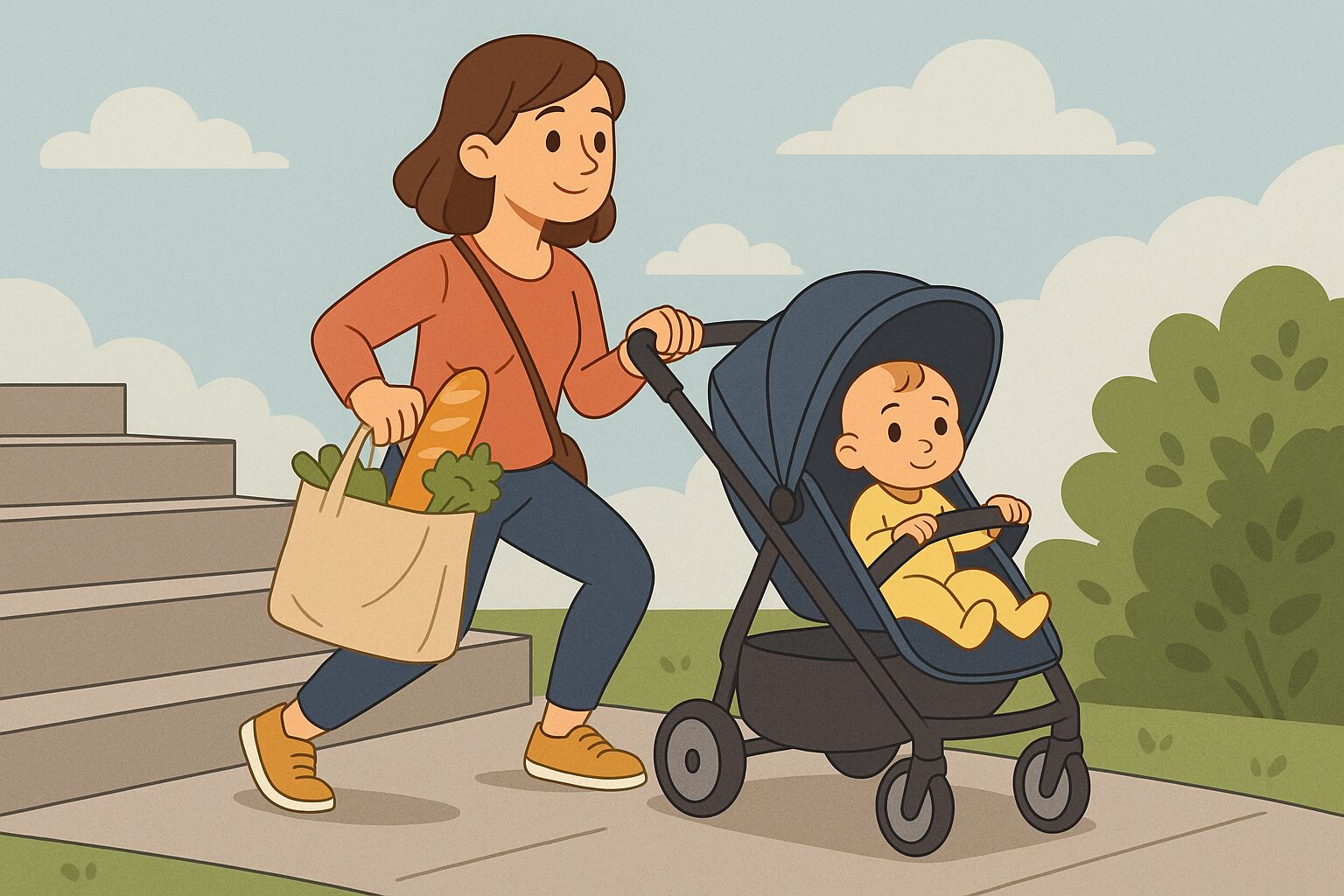 川沿いの道を子どもと散歩するお父さんのイラスト