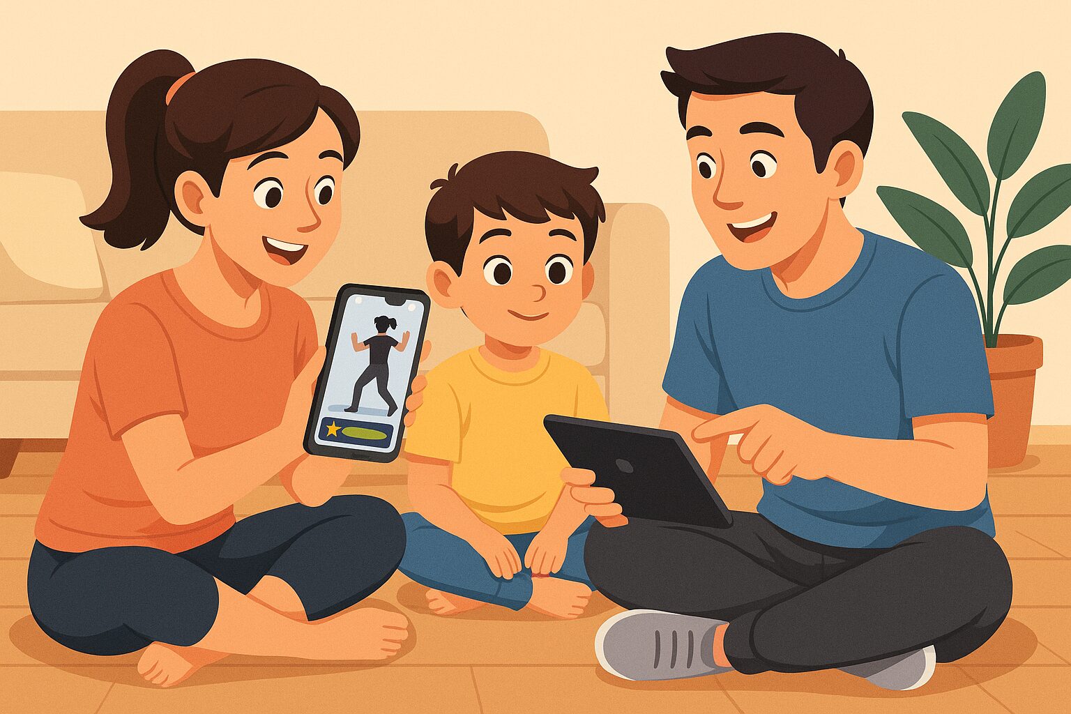 歩きながらスマホアプリで散歩を楽しむ家族のイラスト