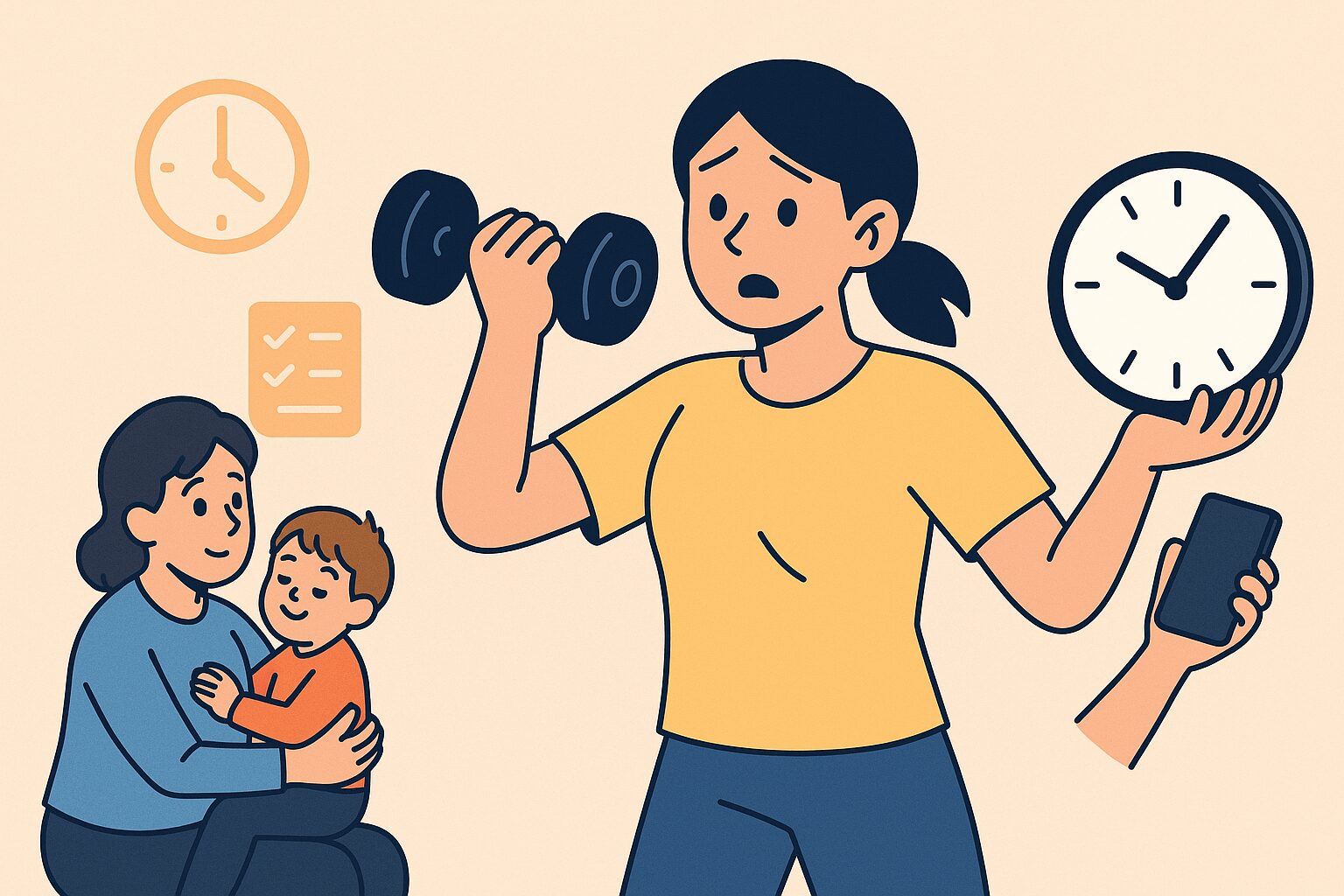 時計とダンベルを持ちながらタスク管理をする親